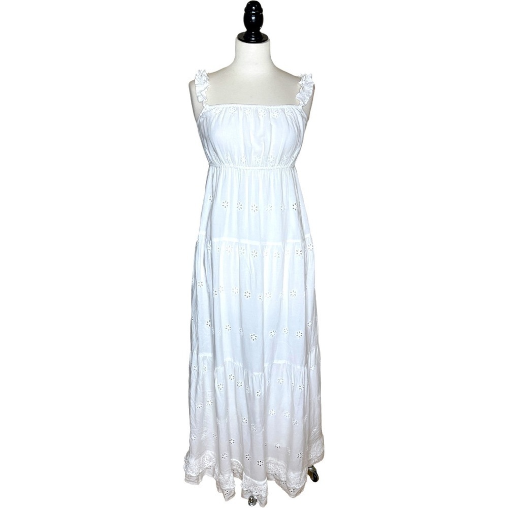 Jessica Simpson Tiered White Floral Eyelet Smocked Back Lined Maxi Dress M
